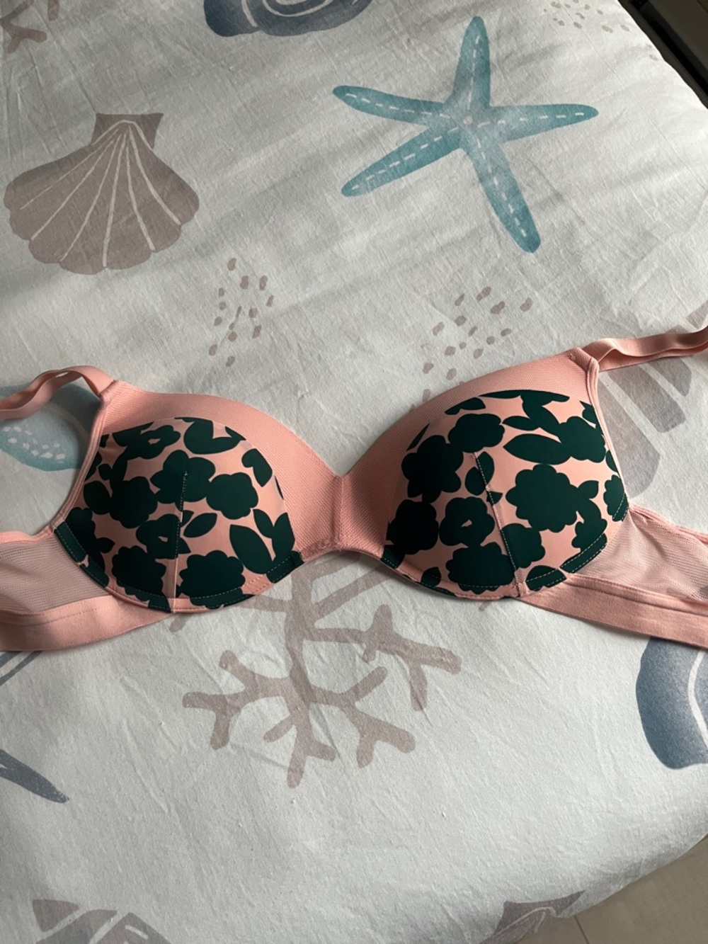 Lively Pink Bra with Dark Green Floral Print